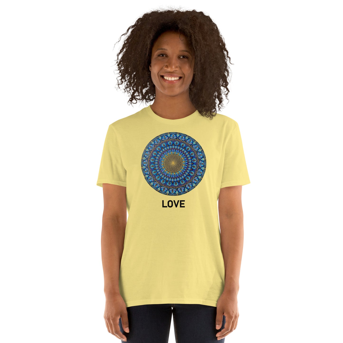 Unisex Softstyle T-Shirt (mandala with golden core | on front | LOVE in black lettering)