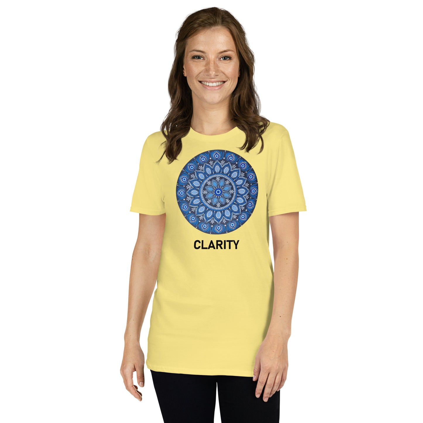 Unisex Softstyle T-Shirt (all blue mandala | on front | CLARITY in black lettering)