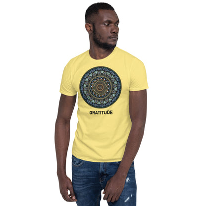 Unisex Softstyle T-Shirt (mandala green and gold rim | on front | GRATITUDE in black lettering)
