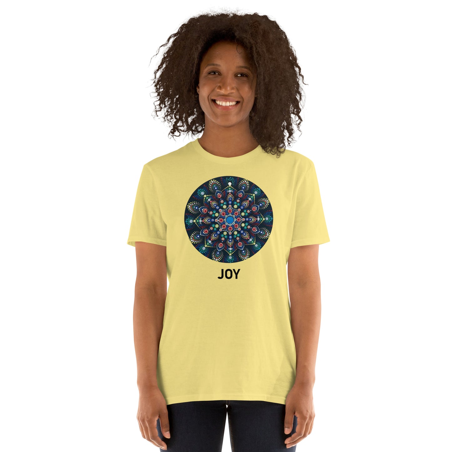 Unisex Softstyle T-Shirt (mandala with colorful dots | on front | JOY in black lettering)