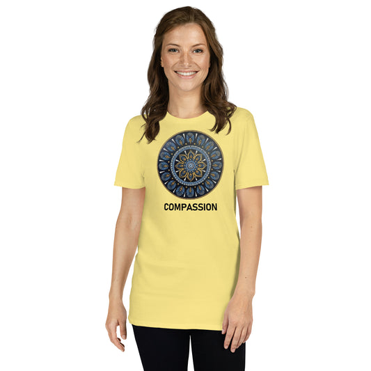 Unisex Softstyle T-Shirt (mandala with gold rim | on front | COMPASSION in black lettering)