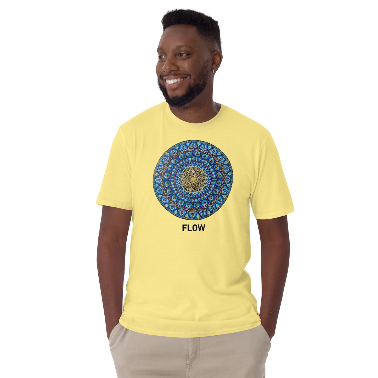 Unisex Softstyle T-Shirt (mandala with golden core | on front | FLOW in black lettering)