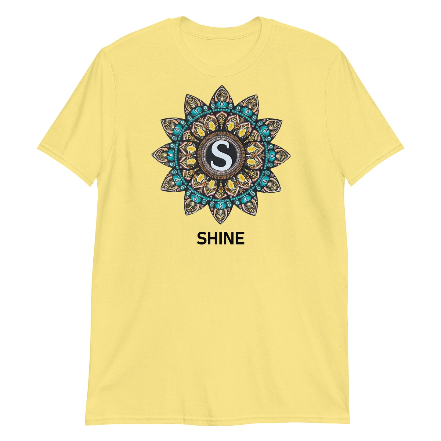 Unisex Softstyle T-Shirt (mandala with "S" in core | on front | SHINE in black lettering)