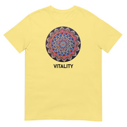 Unisex Softstyle T-Shirt (mandala with pink petals | on front | VITALITY in black lettering)