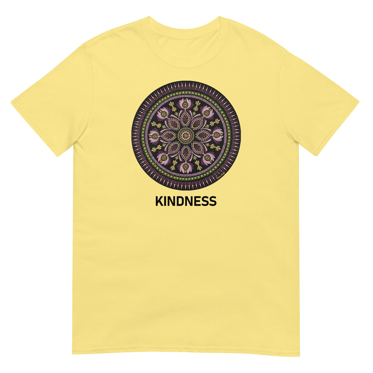 Unisex Softstyle T-Shirt (mandala with magenta rim | on front | KINDNESS in black lettering)