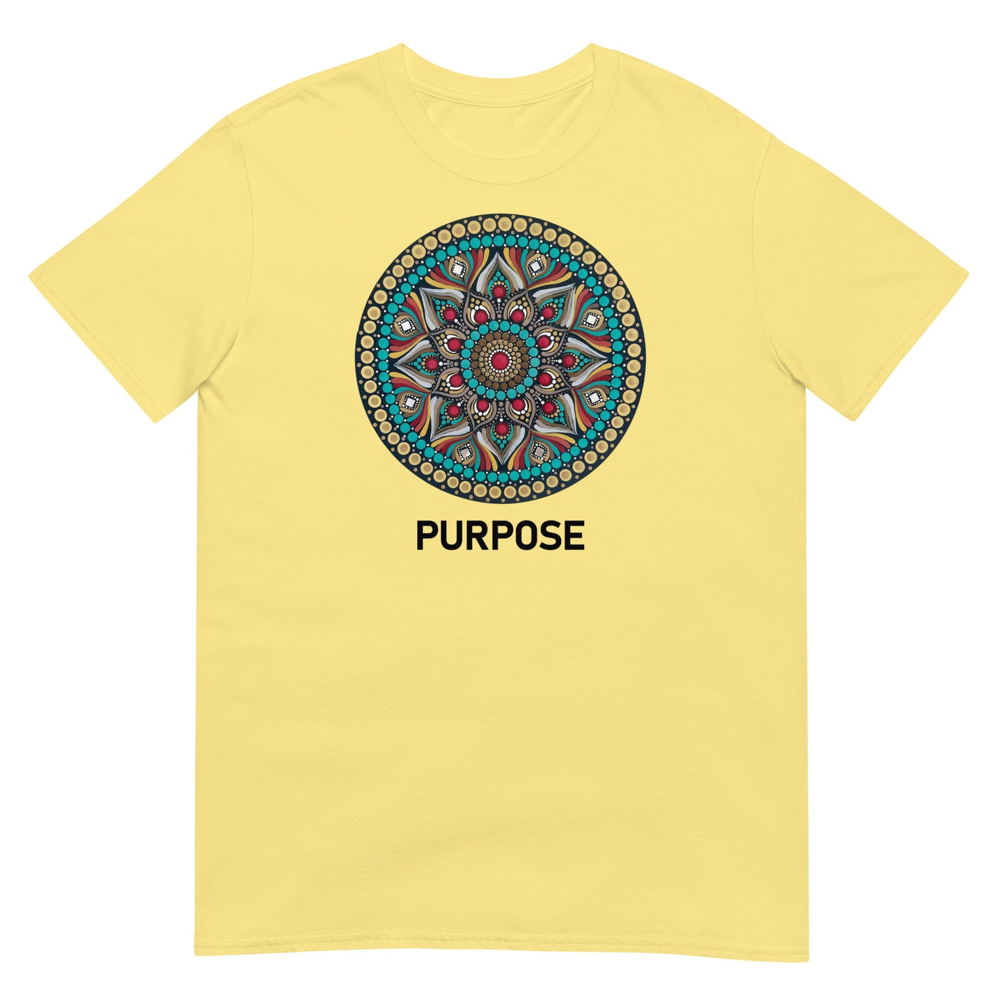 Unisex Softstyle T-Shirt (mandala with red core | on front | PURPOSE in black lettering)