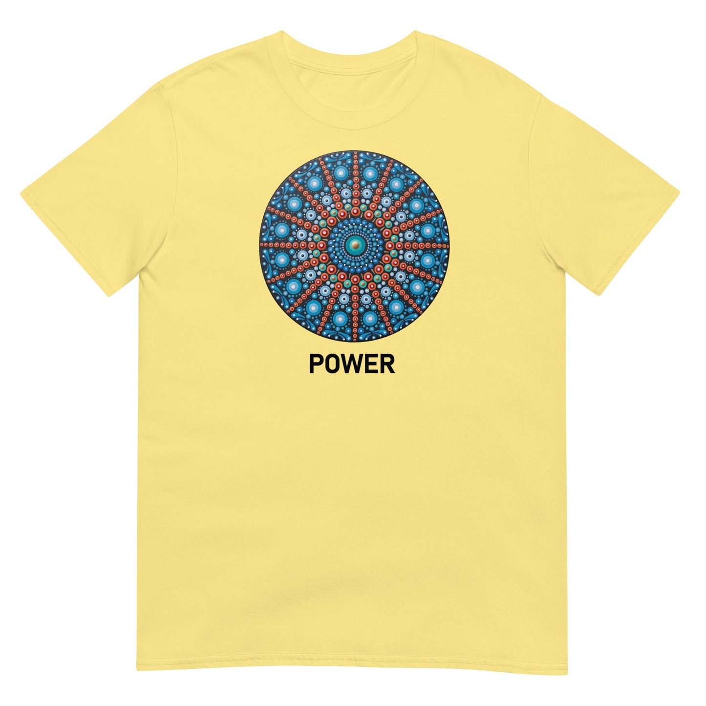 Unisex Softstyle T-Shirt (mandala with red lines | on front | POWER in black lettering)