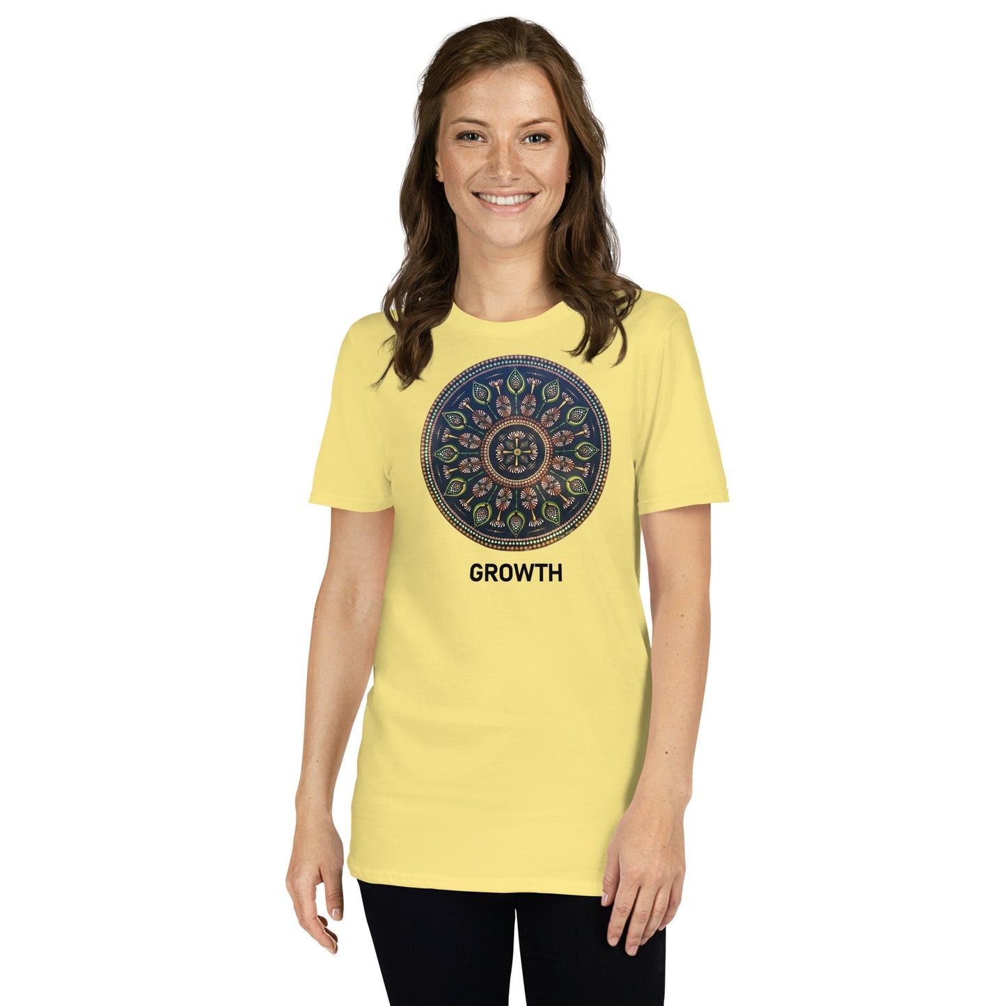 Unisex Softstyle T-Shirt (mandala with cross in the core | on front | GROWTH in black lettering)