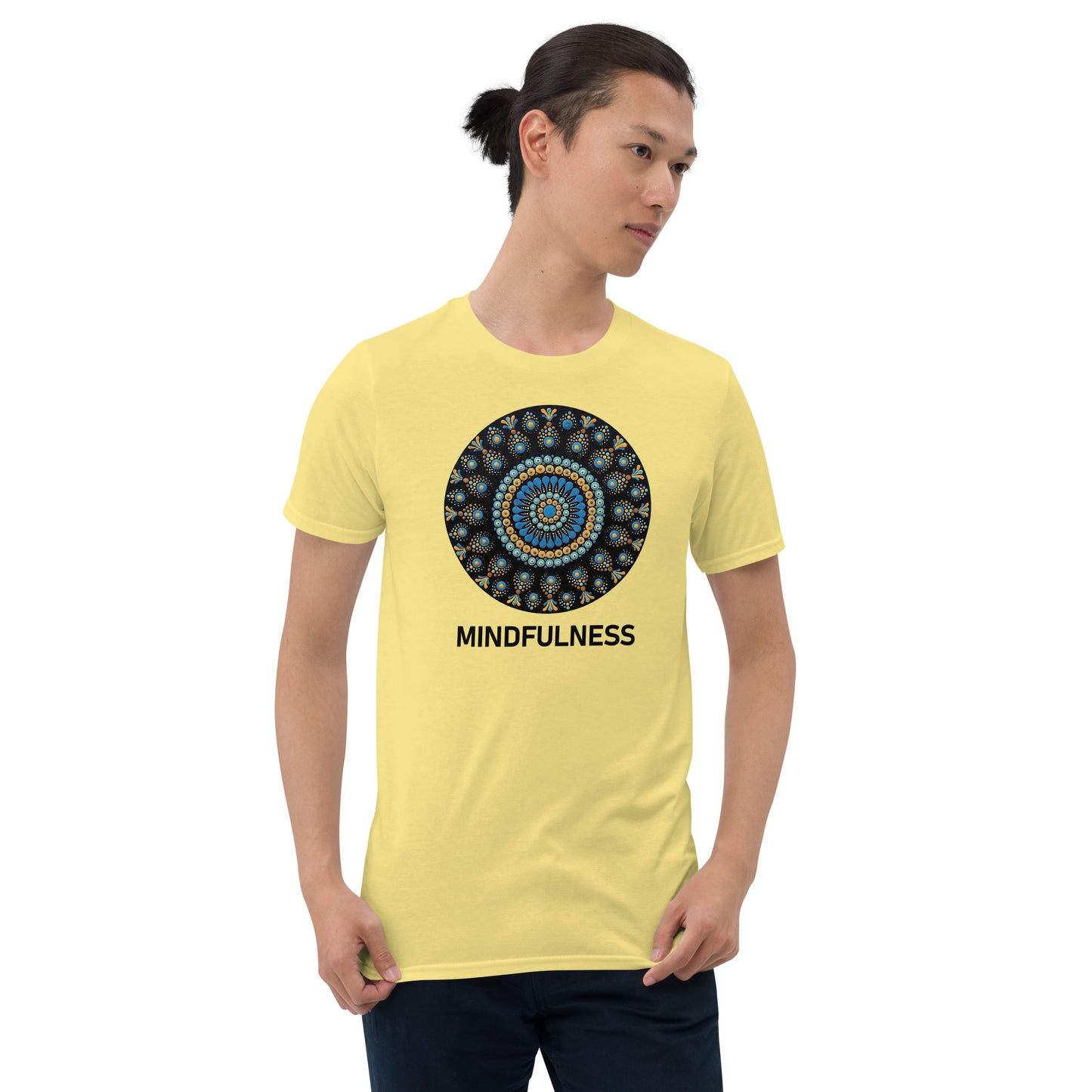 Unisex Softstyle T-Shirt (mandala with blue dots and black back | on front | MINDFULNESS in black lettering)