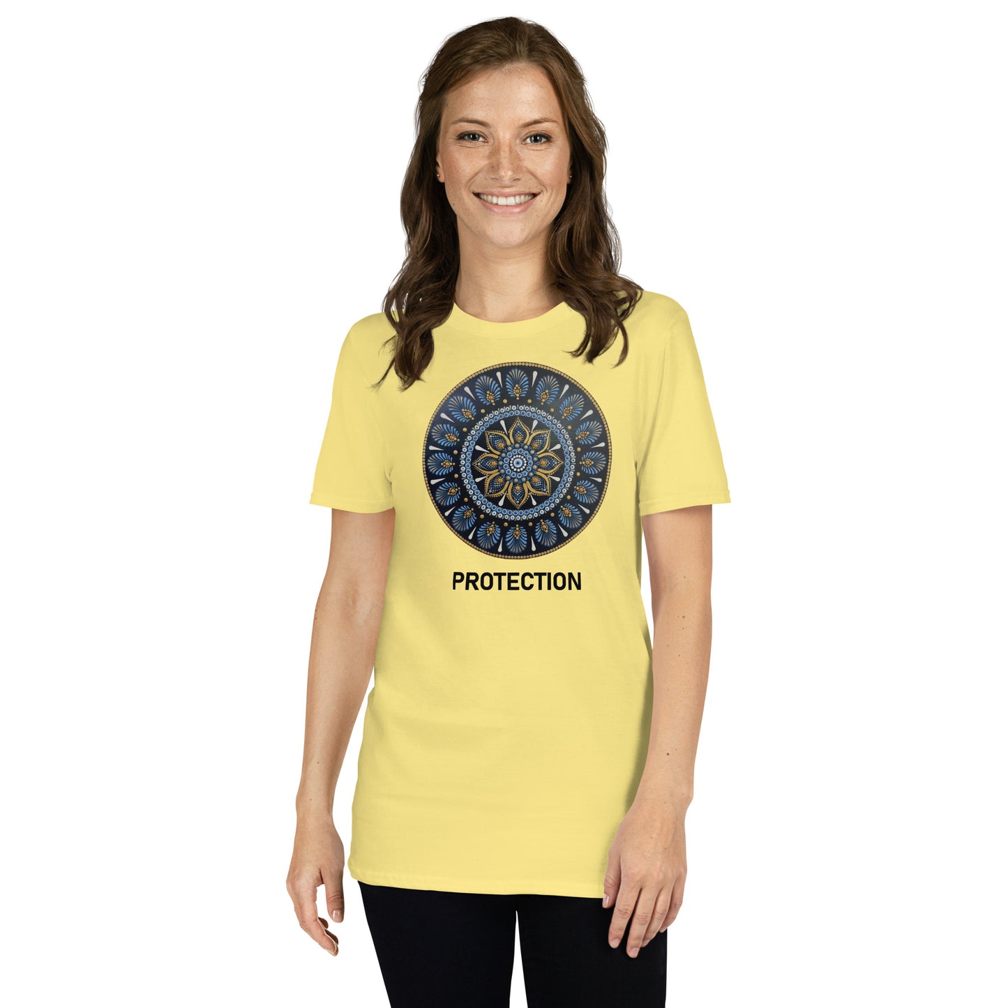 Unisex Softstyle T-Shirt (mandala with gold outer rim | on front | PROTECTION in black lettering)