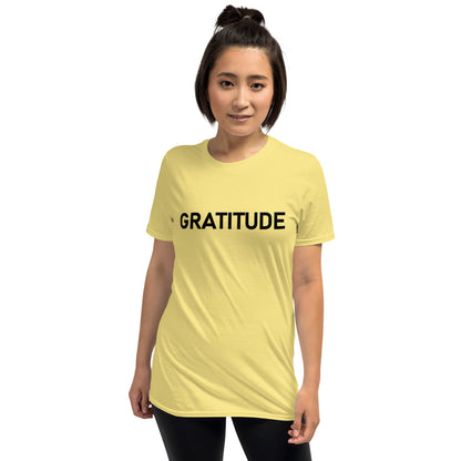 Unisex Softstyle T-Shirt (mandala green and gold rim on back | GRATITUDE in black lettering on front)