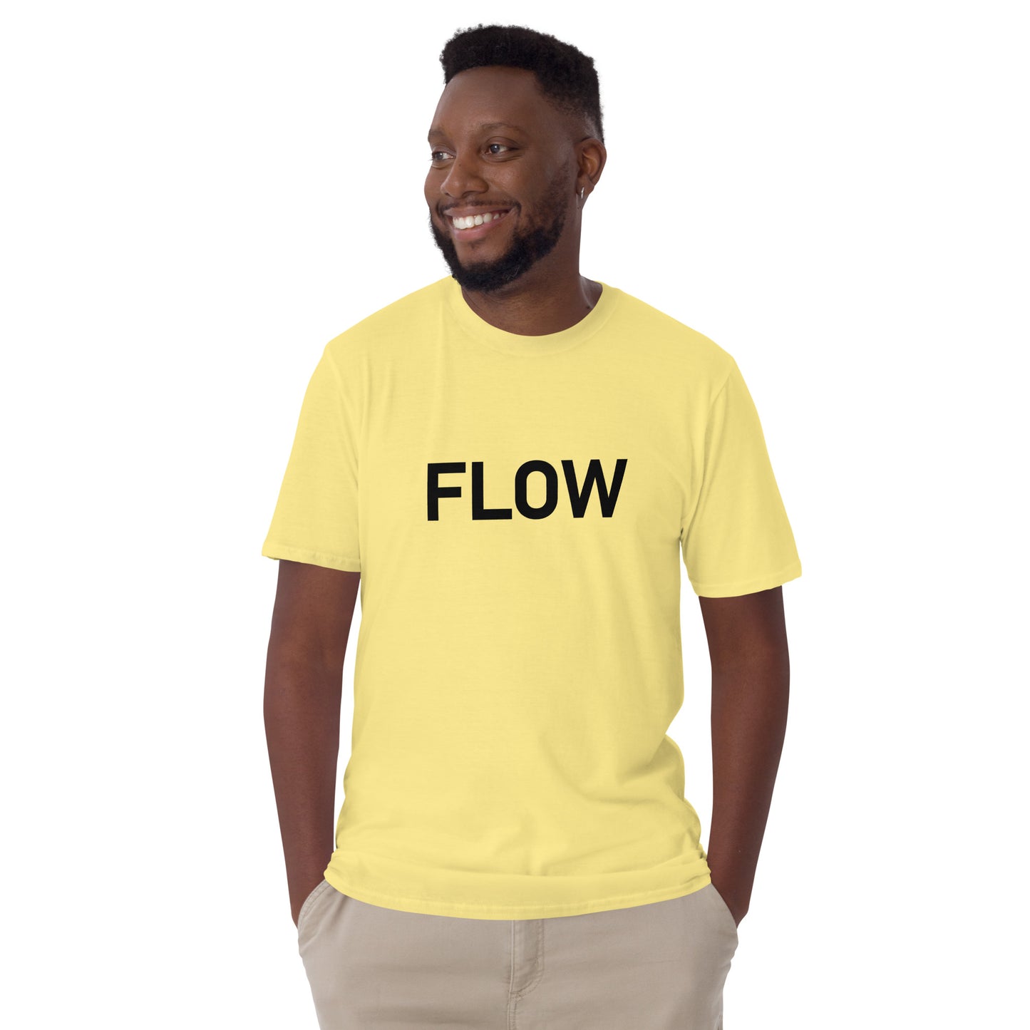 Unisex Softstyle T-Shirt (mandala with golden core on back | FLOW in black lettering on front)