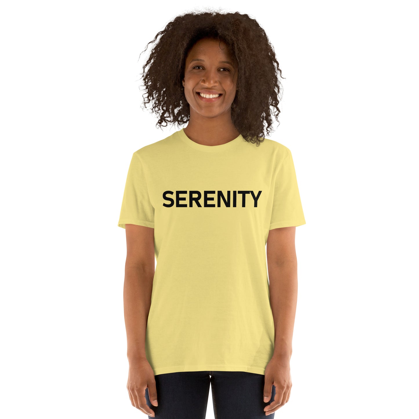 Unisex Softstyle T-Shirt (mandala with blue and white core on back | SERENITY in black lettering on front)