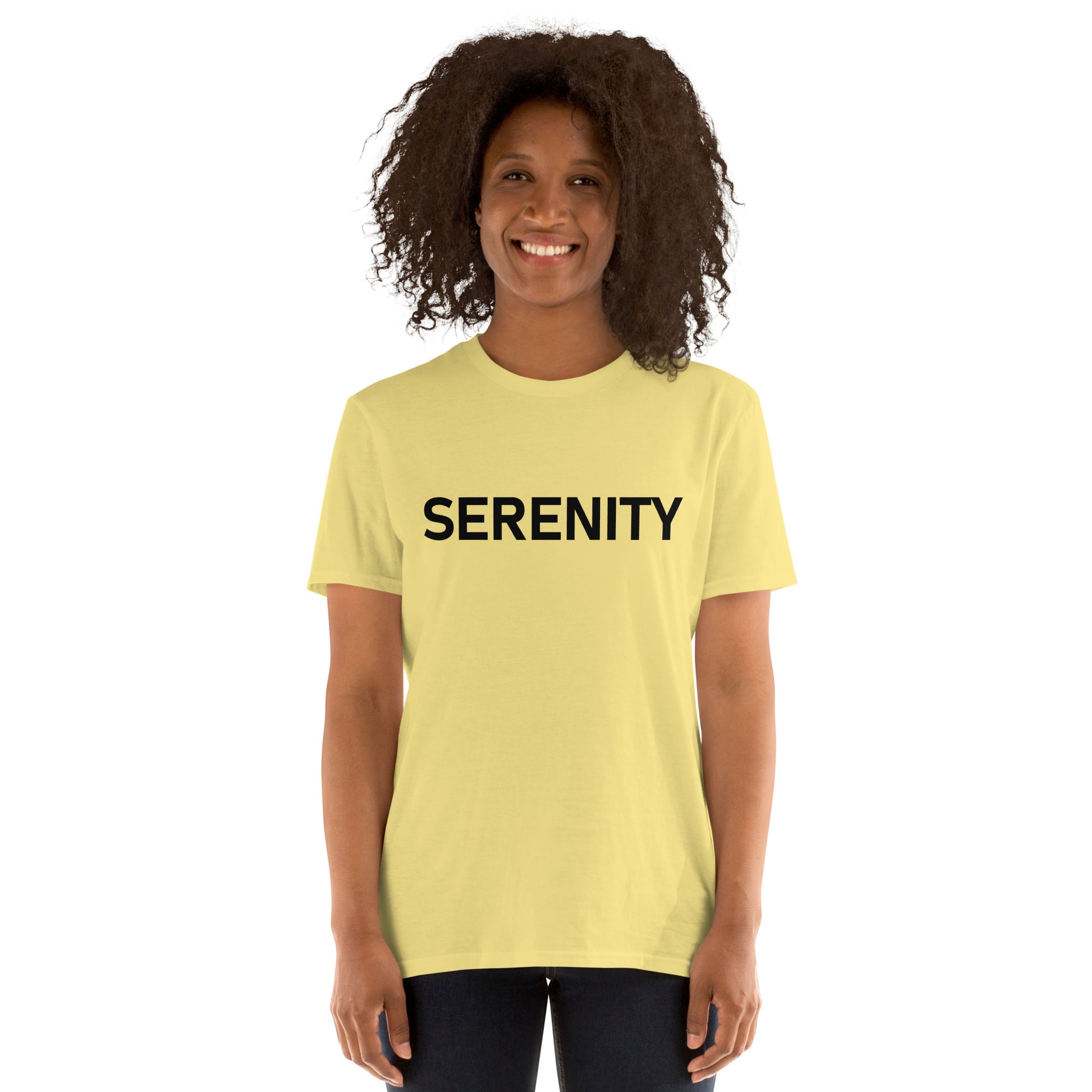 Unisex Softstyle T-Shirt (mandala with blue and white core on back | SERENITY in black lettering on front)