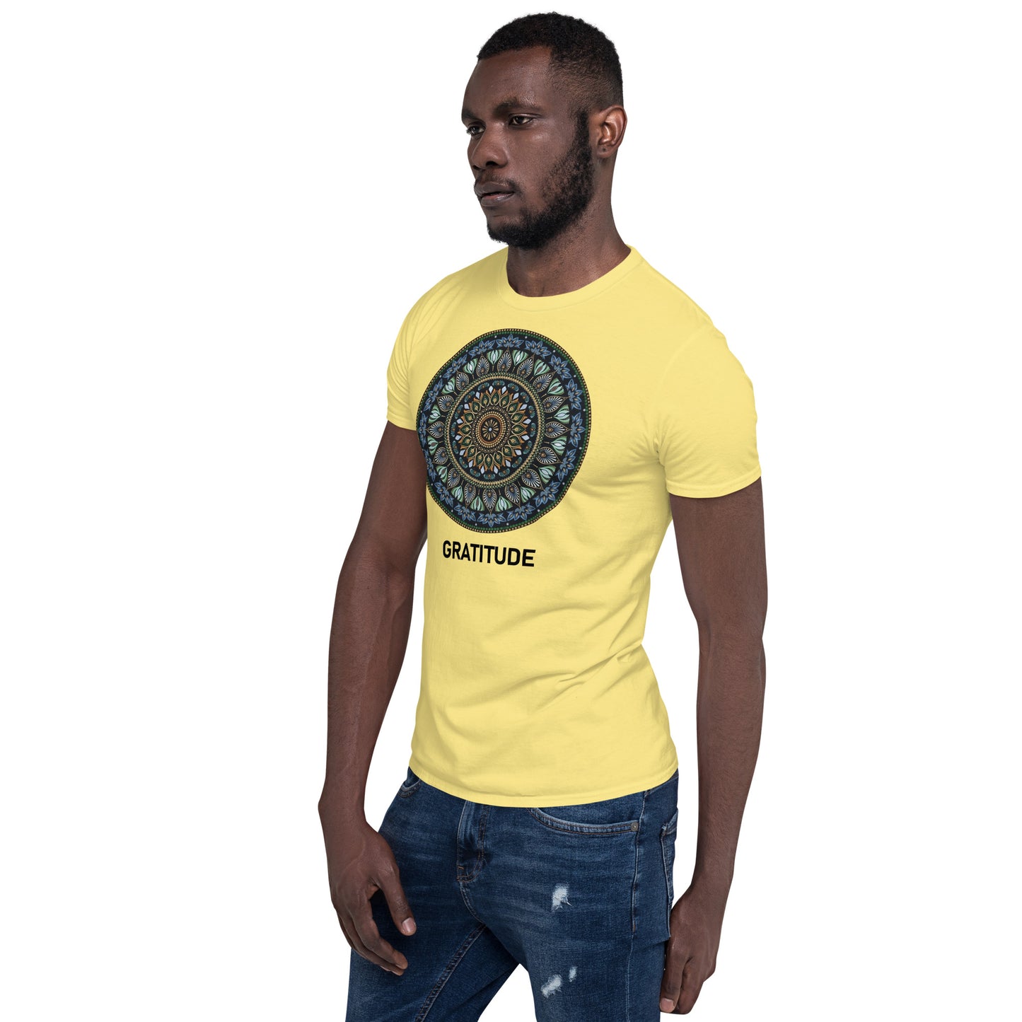 Unisex Softstyle T-Shirt (mandala green and gold rim | on front | GRATITUDE in black lettering)
