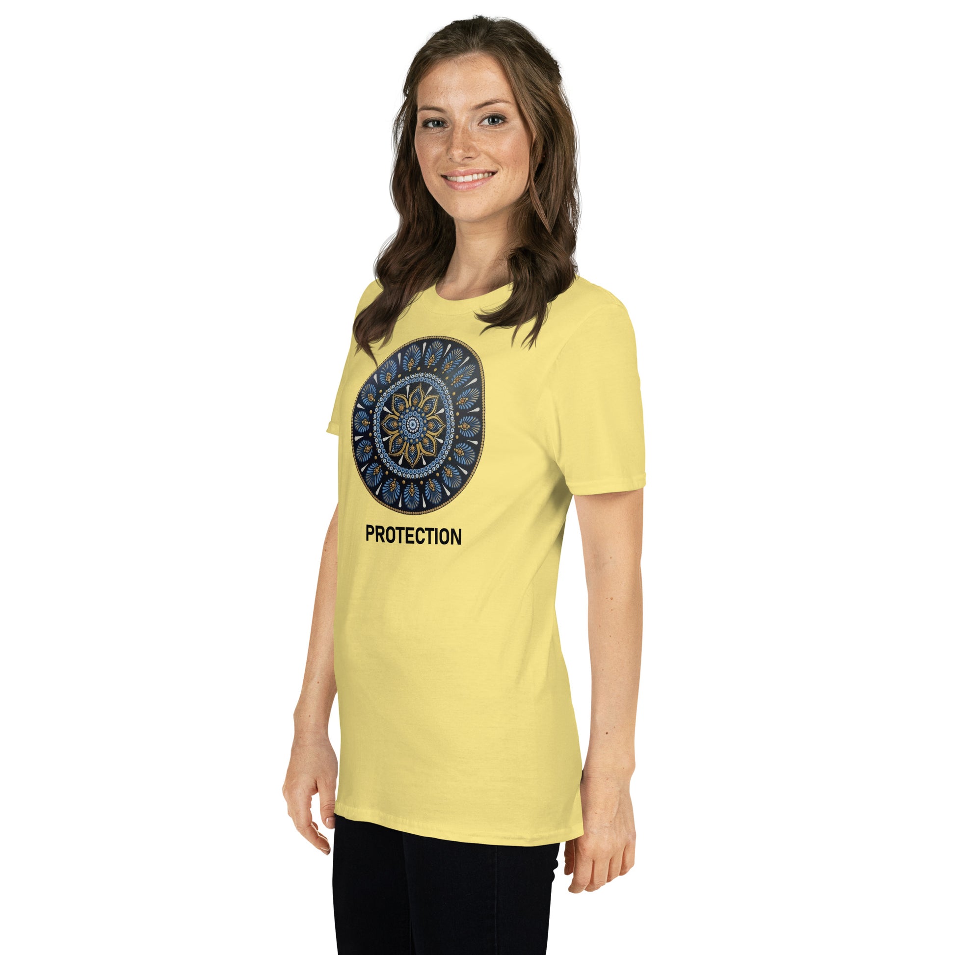 Unisex Softstyle T-Shirt (mandala with gold outer rim | on front | PROTECTION in black lettering)