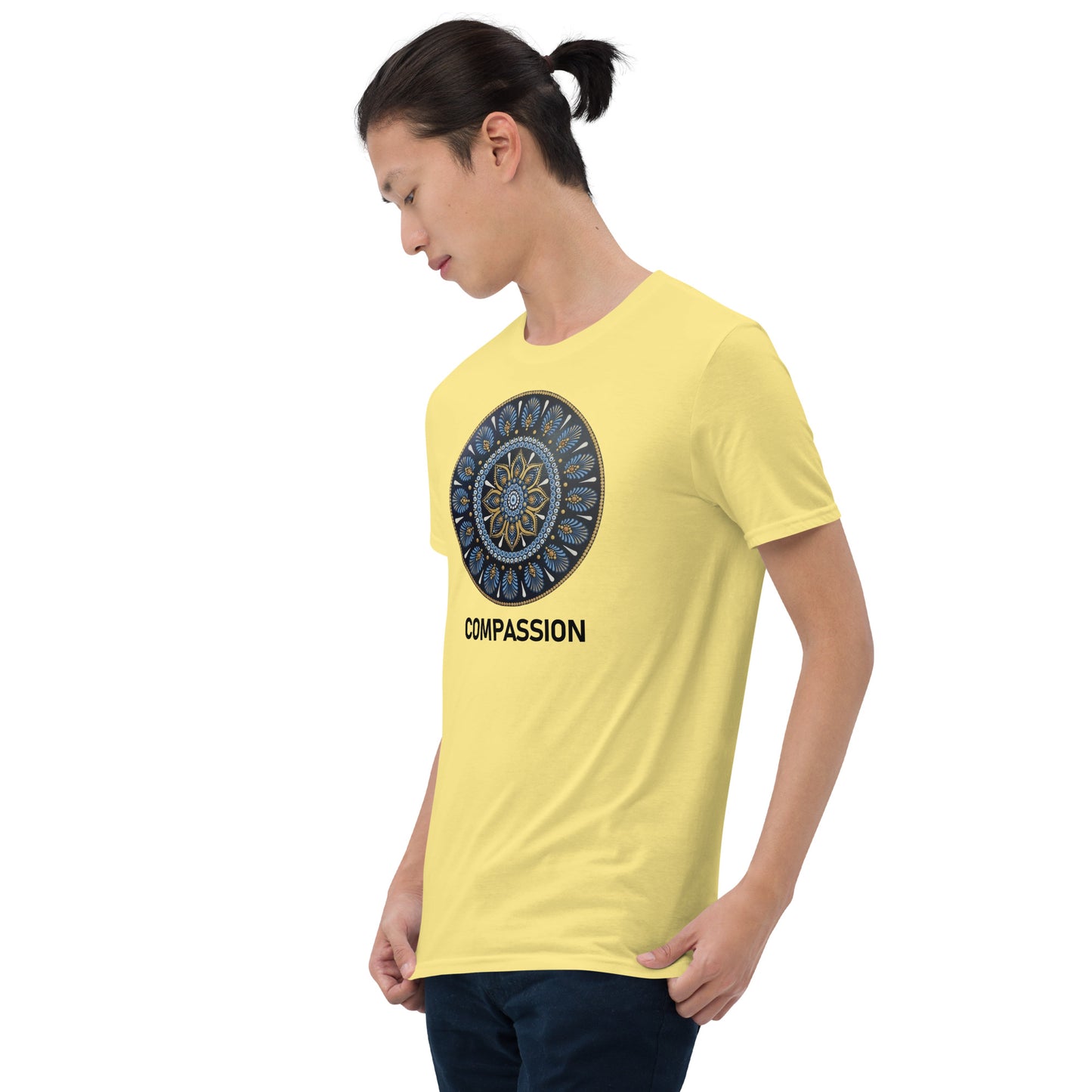 Unisex Softstyle T-Shirt (mandala with gold rim | on front | COMPASSION in black lettering)