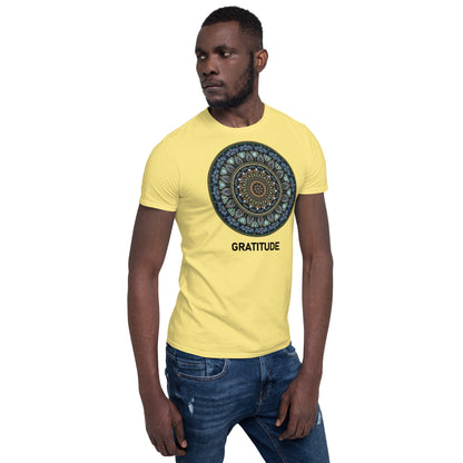 Unisex Softstyle T-Shirt (mandala green and gold rim | on front | GRATITUDE in black lettering)