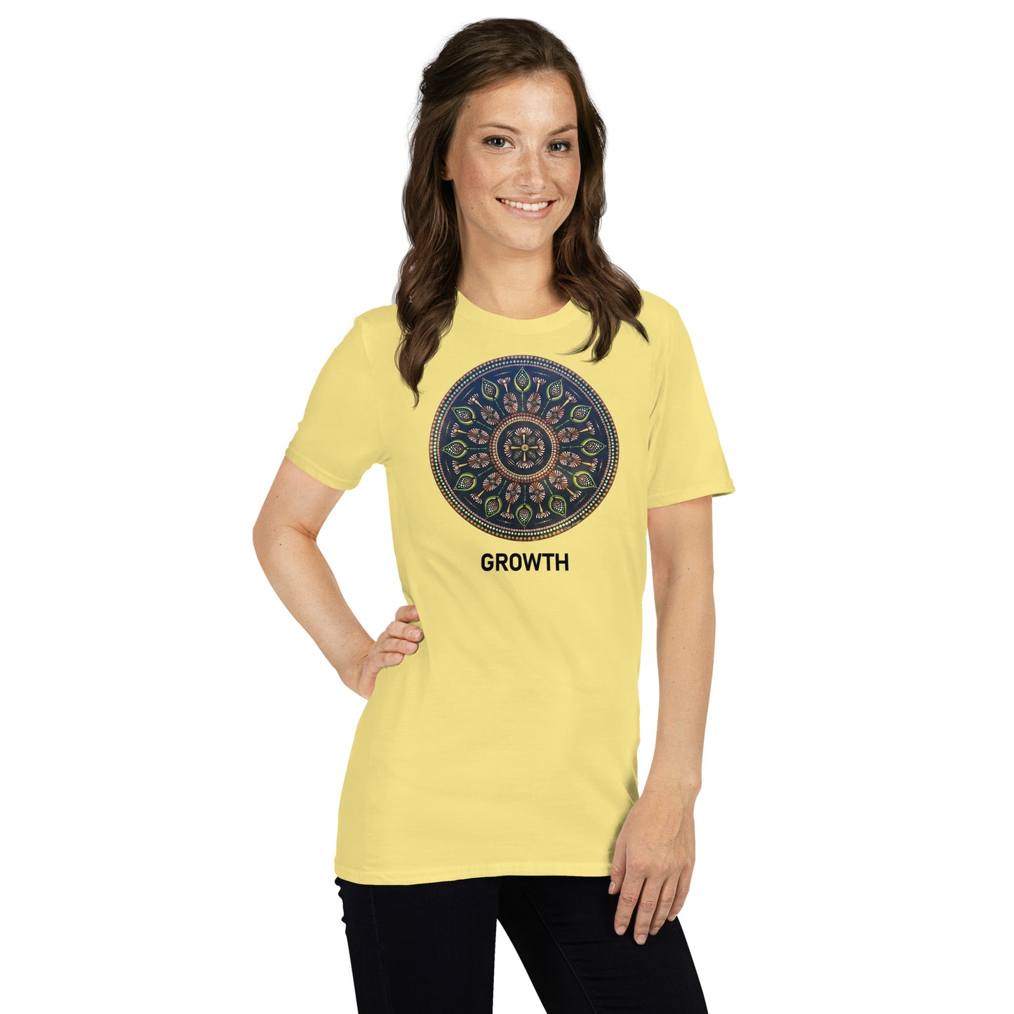Unisex Softstyle T-Shirt (mandala with cross in the core | on front | GROWTH in black lettering)
