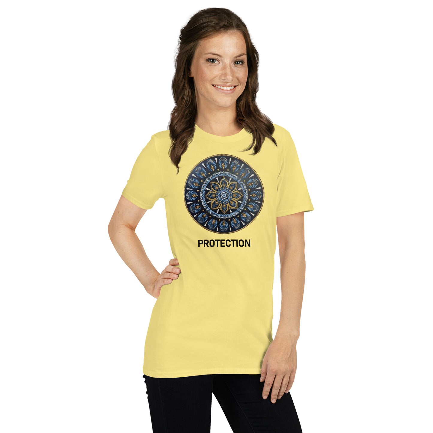 Unisex Softstyle T-Shirt (mandala with gold outer rim | on front | PROTECTION in black lettering)