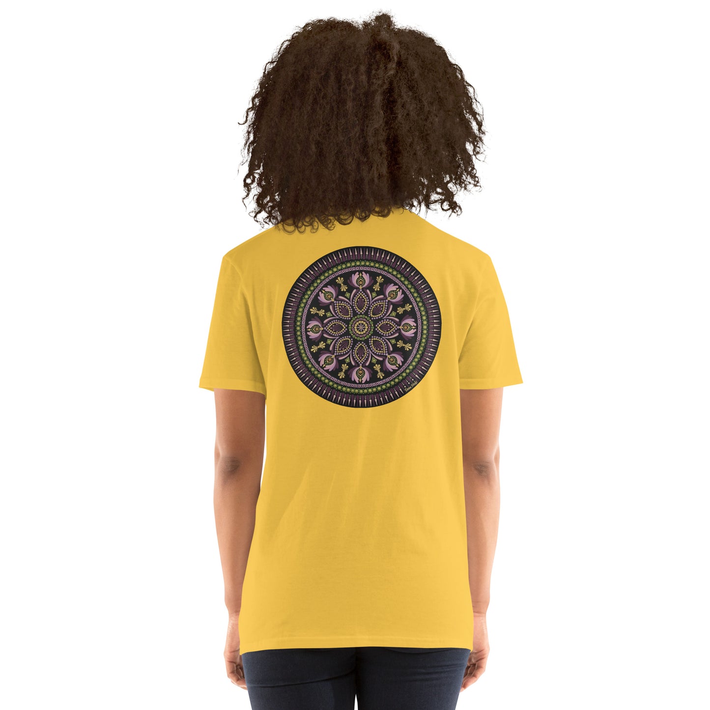 Unisex Softstyle T-Shirt (mandala with magenta rim on back | KINDNESS in black lettering on front)