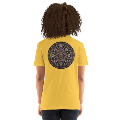 Unisex Softstyle T-Shirt (mandala with magenta rim on back | KINDNESS in black lettering on front)