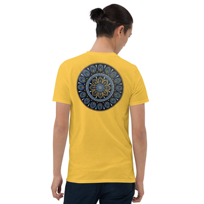 Unisex Softstyle T-Shirt (mandala with gold rim on back | PROTECTION in black lettering on front)
