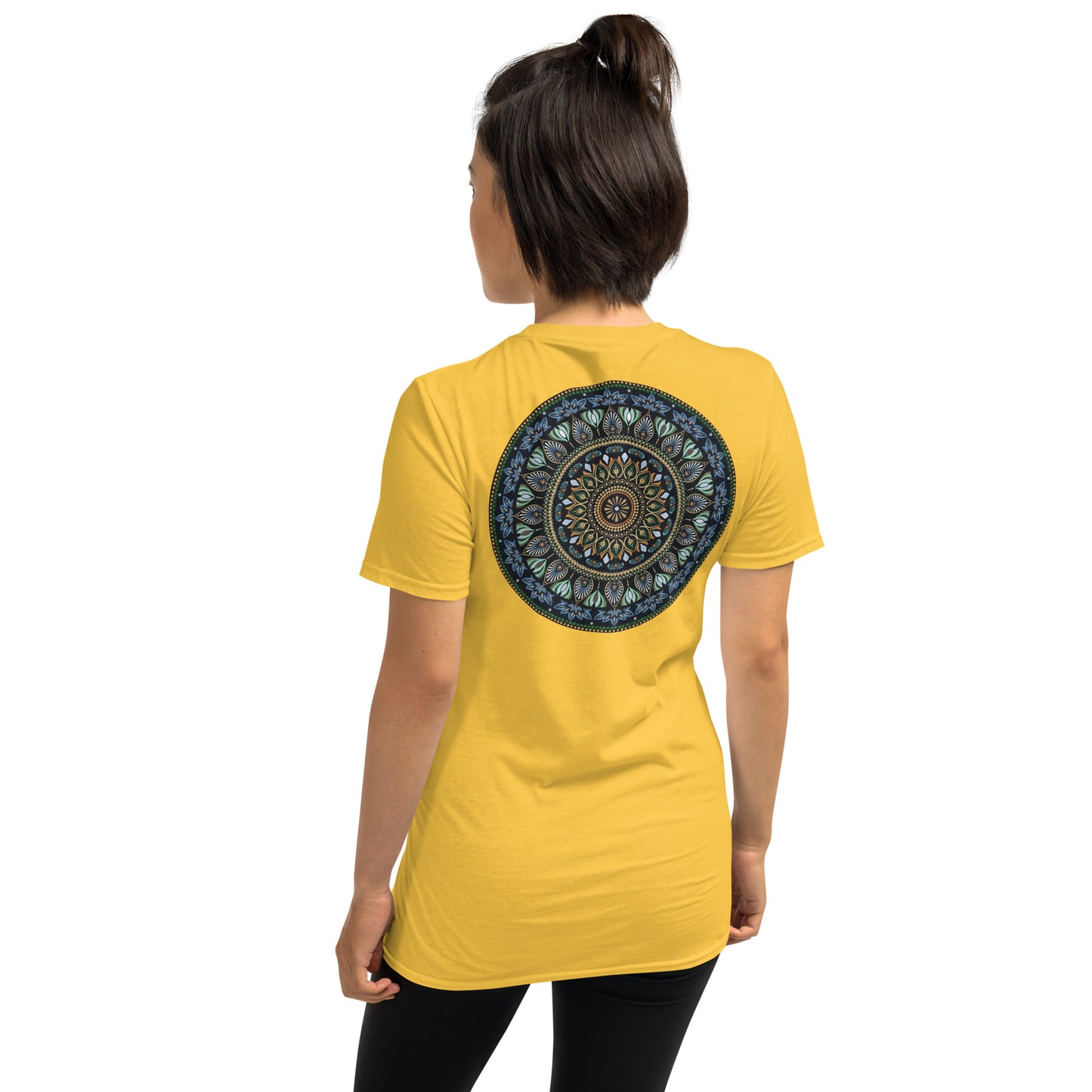 Unisex Softstyle T-Shirt (mandala green and gold rim on back | GRATITUDE in black lettering on front)