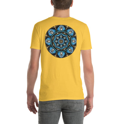 Unisex Softstyle T-Shirt (mandala with spokes in core on back | WISDOM in black lettering on front)