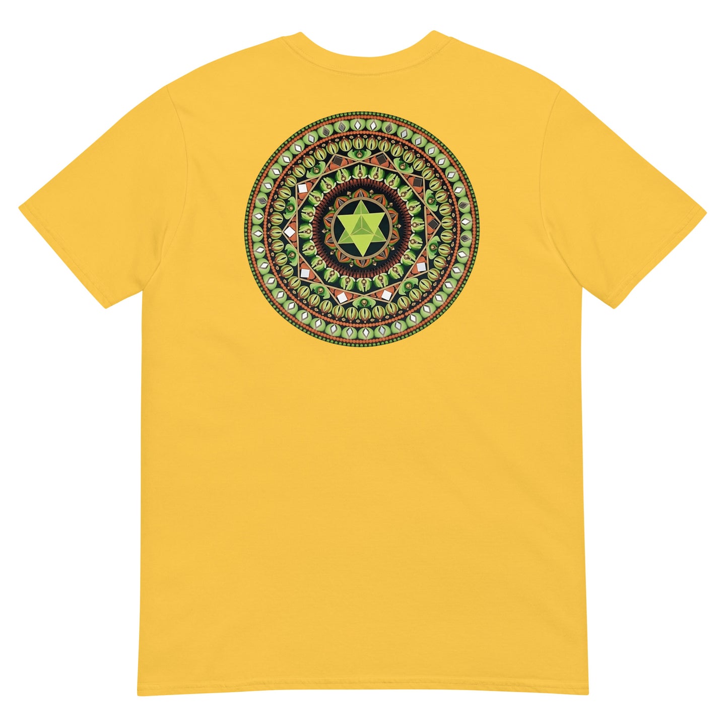 Unisex Softstyle T-Shirt (mandala with green star on back | HARMONY in black lettering on front)