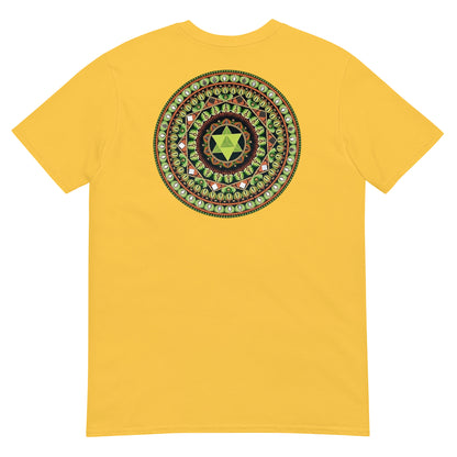 Unisex Softstyle T-Shirt (mandala with green star on back | HARMONY in black lettering on front)