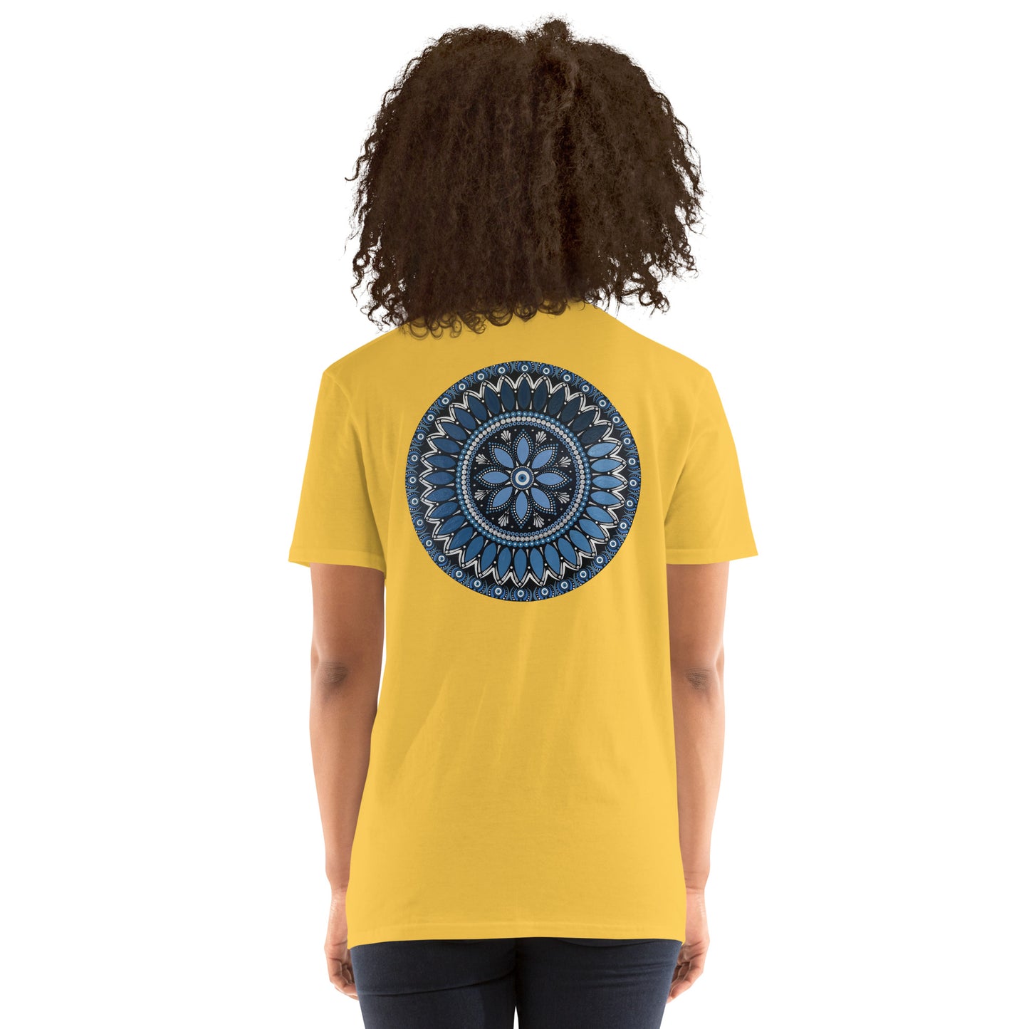 Unisex Softstyle T-Shirt (mandala with blue and white core on back | SERENITY in black lettering on front)