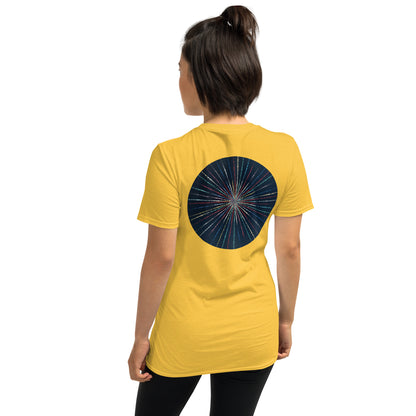 Unisex Softstyle T-Shirt (mandala with streams of light on back | EXPANSION in black lettering on front)
