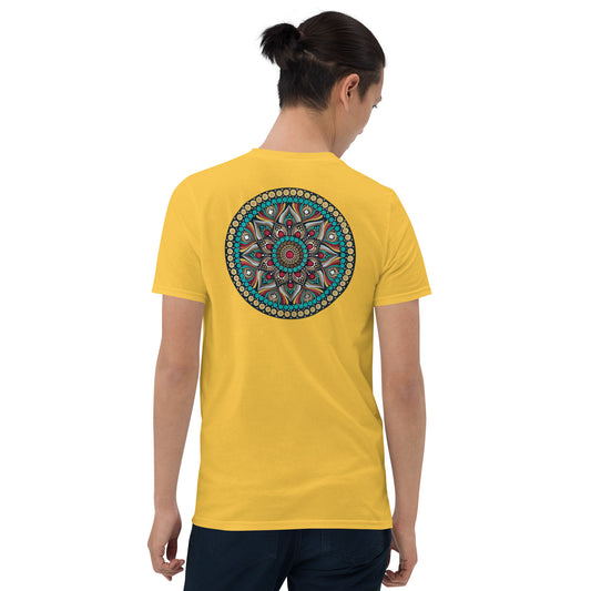 Unisex Softstyle T-Shirt (mandala with red core on back | PURPOSE in black lettering on front)