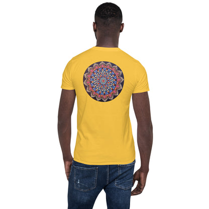 Unisex Softstyle T-Shirt (mandala with pink petals on back | VITALITY in black lettering on front)