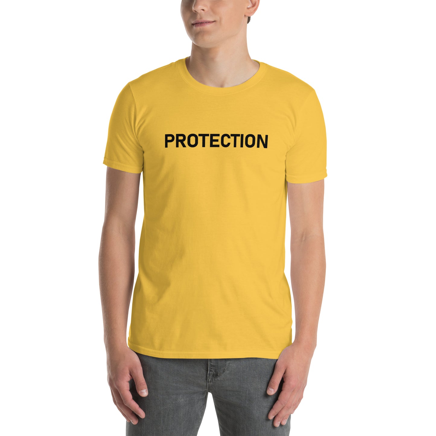 Unisex Softstyle T-Shirt (mandala with gold rim on back | PROTECTION in white lettering)