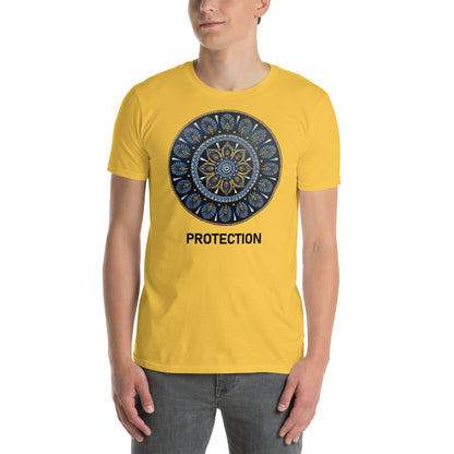 Unisex Softstyle T-Shirt (mandala with gold rim on front | PROTECTION in black lettering)