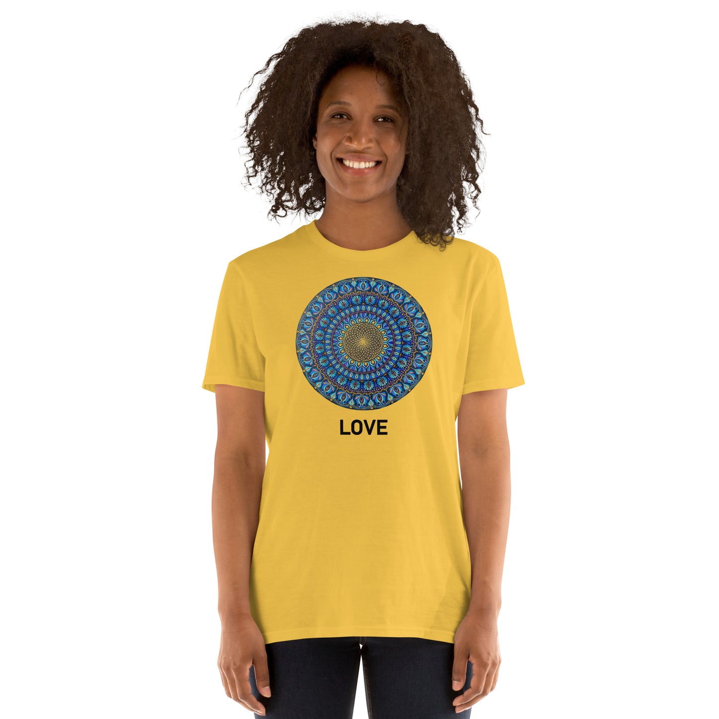 Unisex Softstyle T-Shirt (mandala with golden core | on front | LOVE in black lettering)