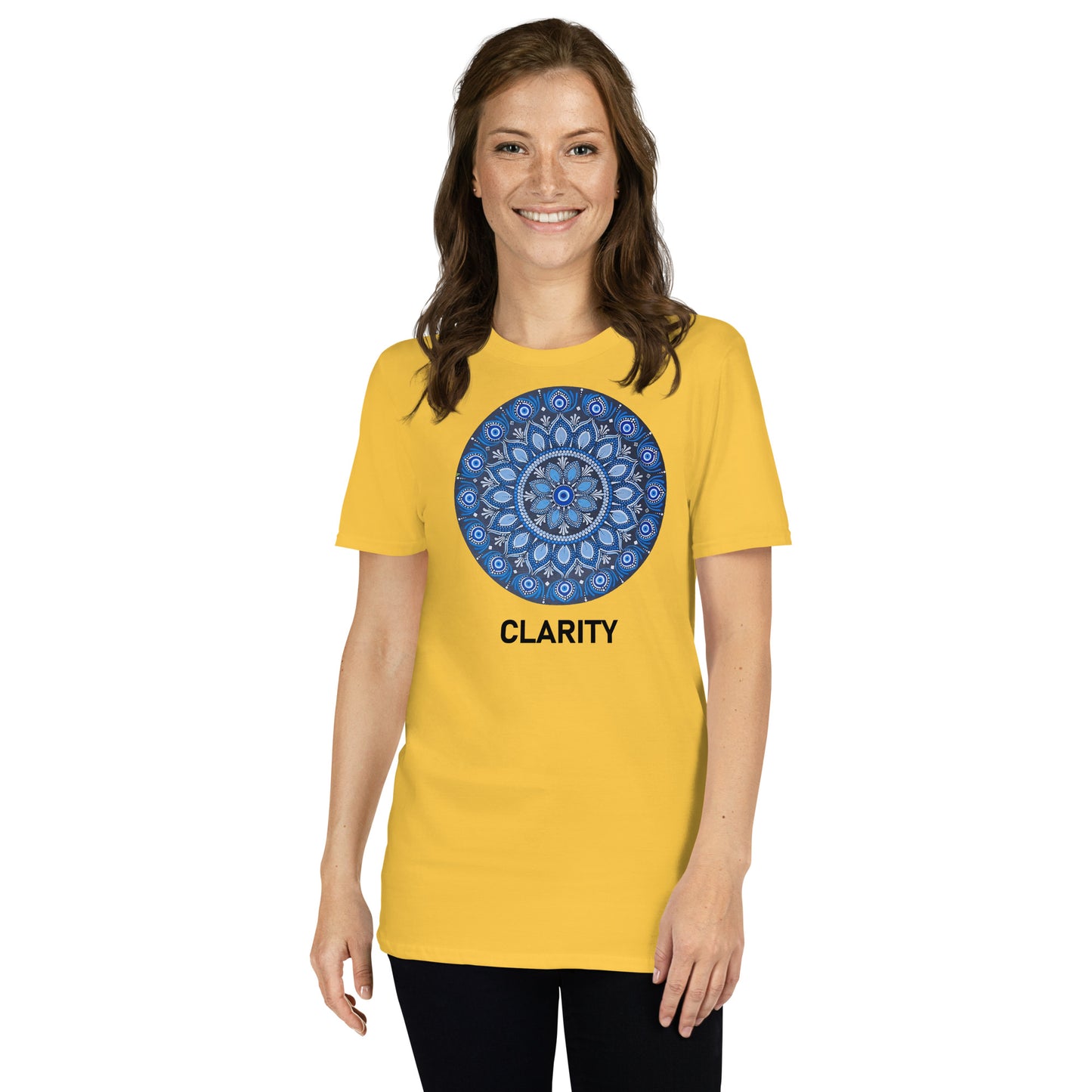 Unisex Softstyle T-Shirt (all blue mandala | on front | CLARITY in black lettering)