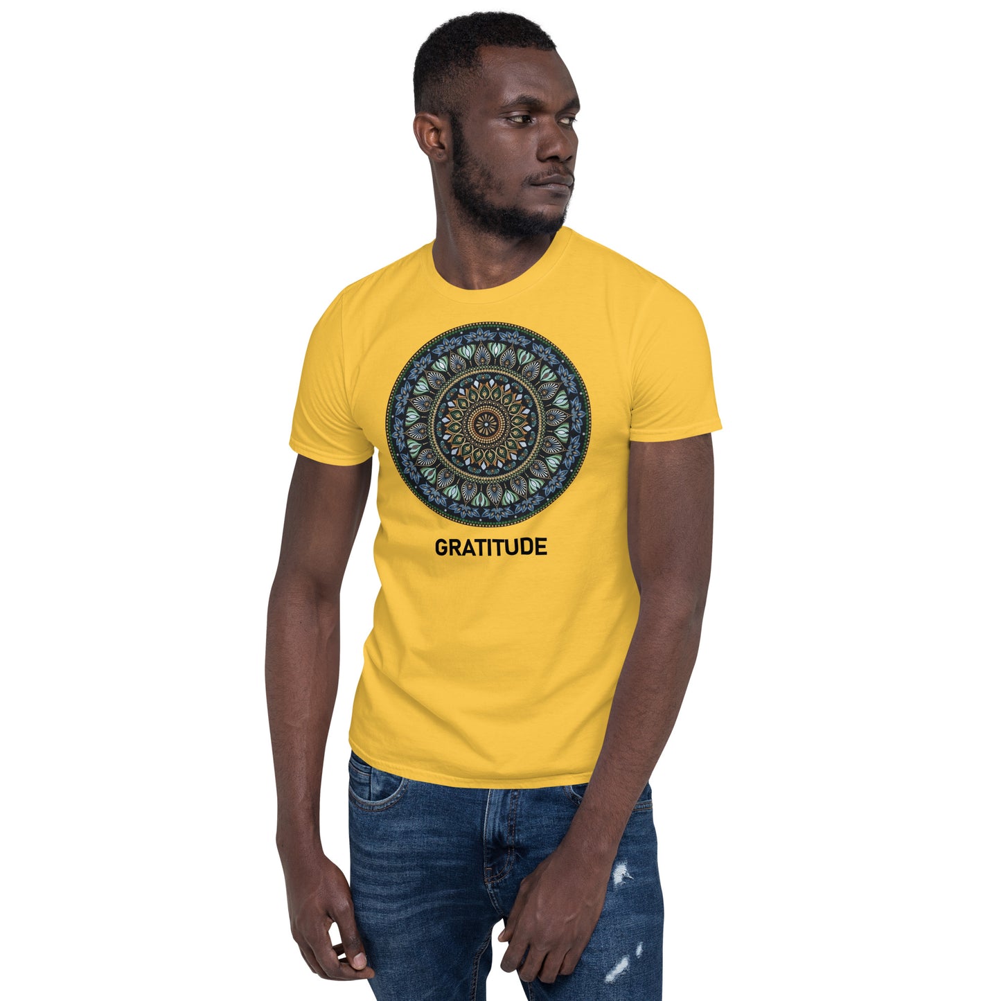 Unisex Softstyle T-Shirt (mandala green and gold rim | on front | GRATITUDE in black lettering)