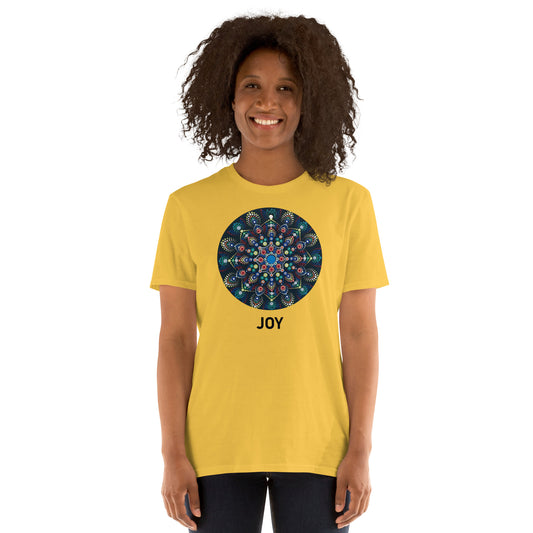 Unisex Softstyle T-Shirt (mandala with colorful dots | on front | JOY in black lettering)