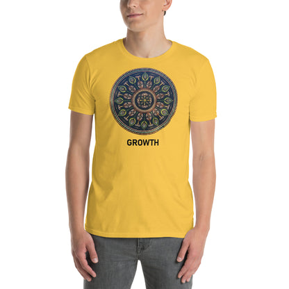 Unisex Softstyle T-Shirt (mandala with cross in the core | on front | GROWTH in black lettering)