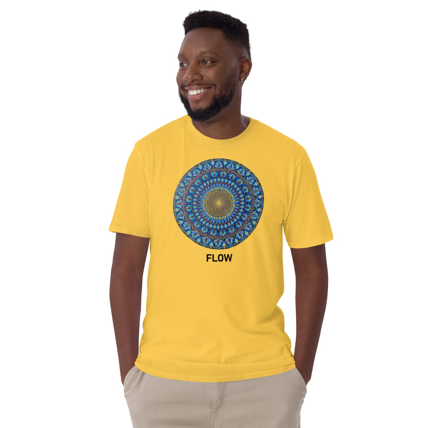 Unisex Softstyle T-Shirt (mandala with golden core | on front | FLOW in black lettering)