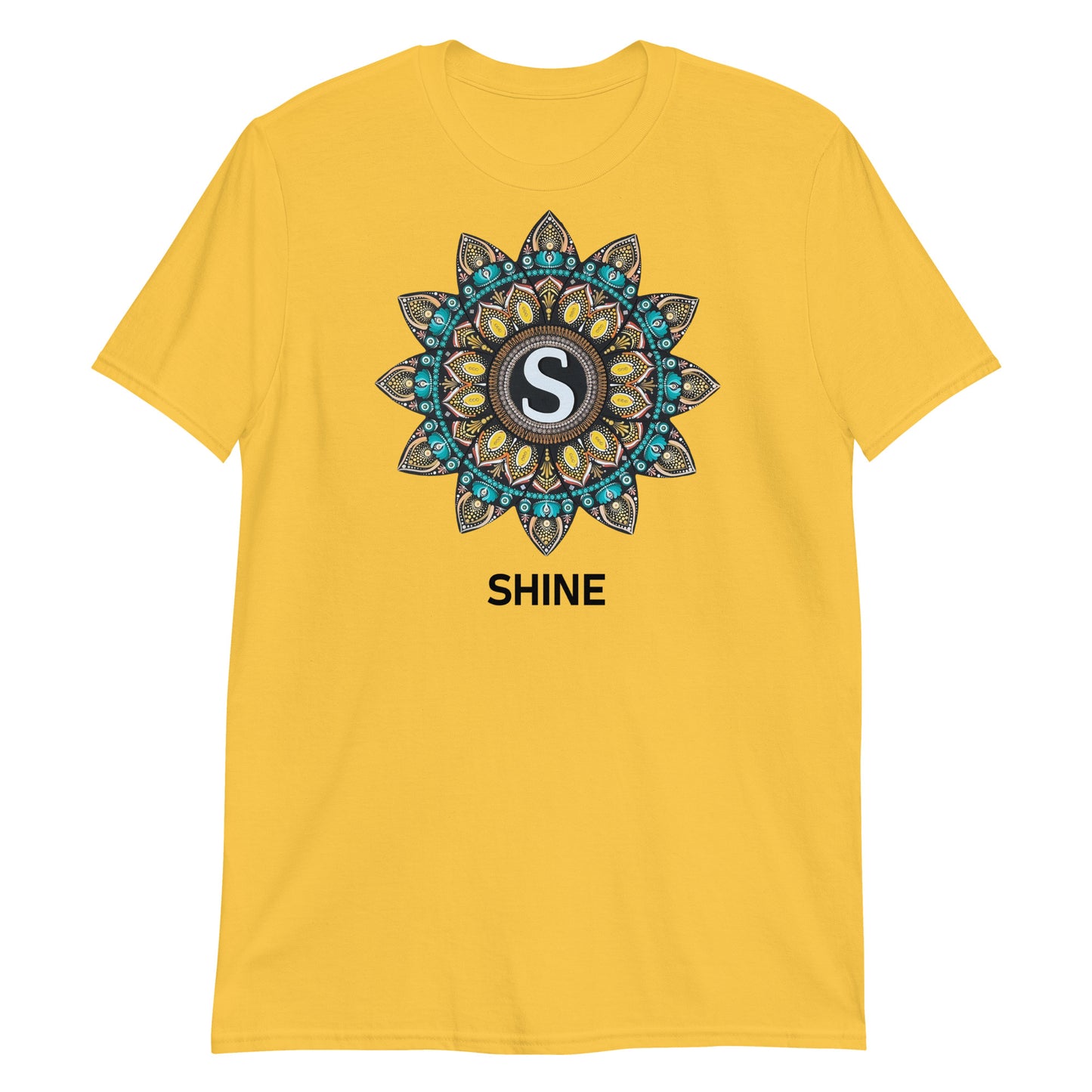 Unisex Softstyle T-Shirt (mandala with "S" in core | on front | SHINE in black lettering)