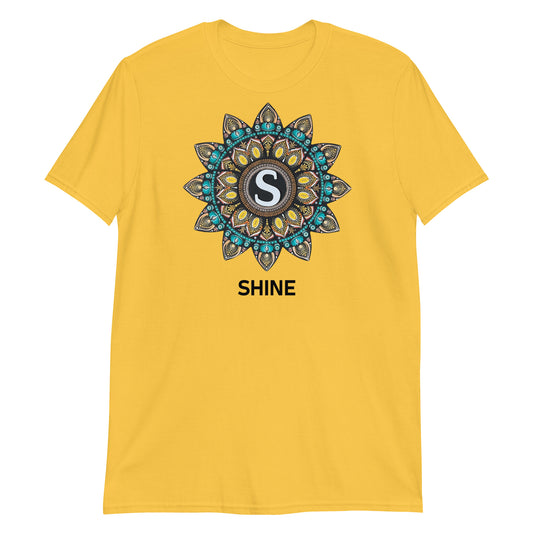 Unisex Softstyle T-Shirt (mandala with "S" in core | on front | SHINE in black lettering)