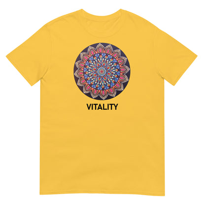 Unisex Softstyle T-Shirt (mandala with pink petals | on front | VITALITY in black lettering)