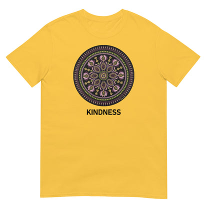 Unisex Softstyle T-Shirt (mandala with magenta rim | on front | KINDNESS in black lettering)