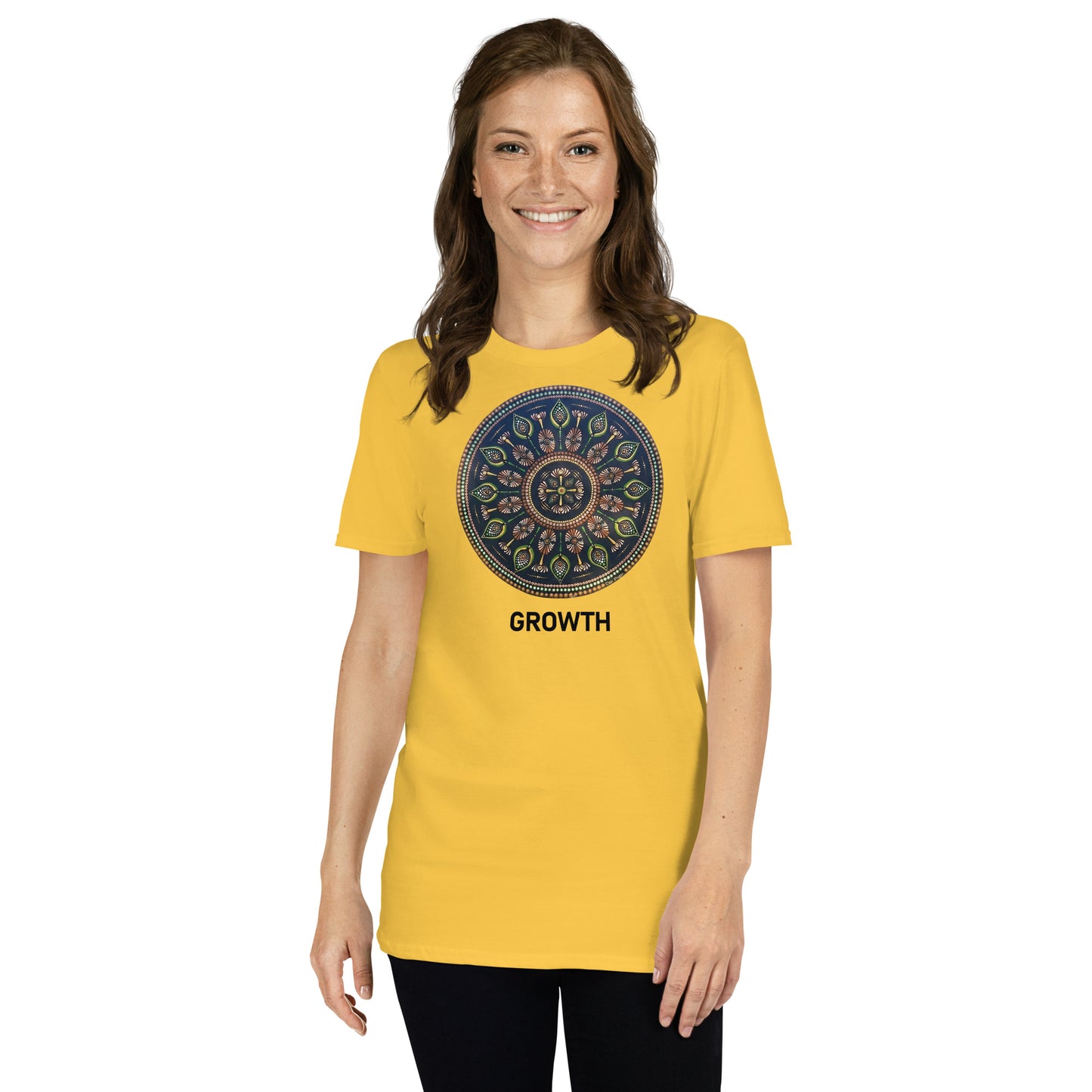 Unisex Softstyle T-Shirt (mandala with cross in the core | on front | GROWTH in black lettering)