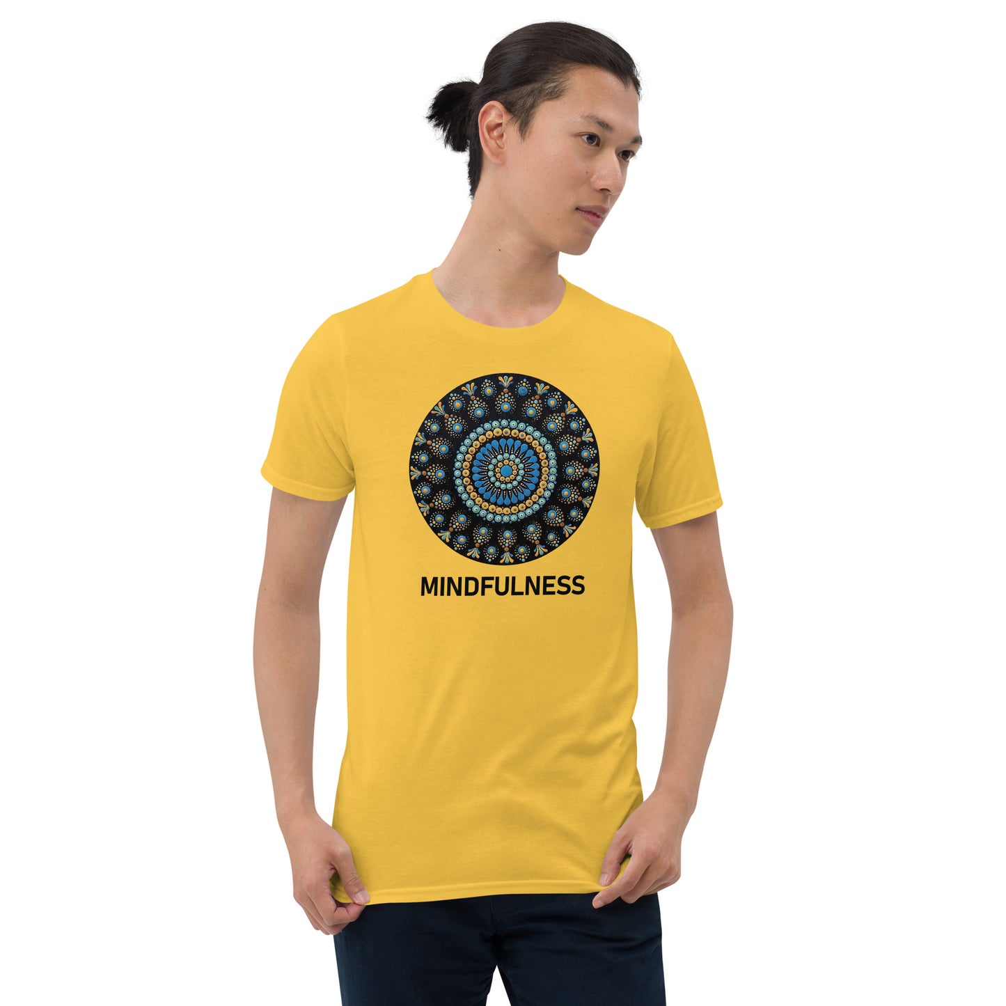 Unisex Softstyle T-Shirt (mandala with blue dots and black back | on front | MINDFULNESS in black lettering)