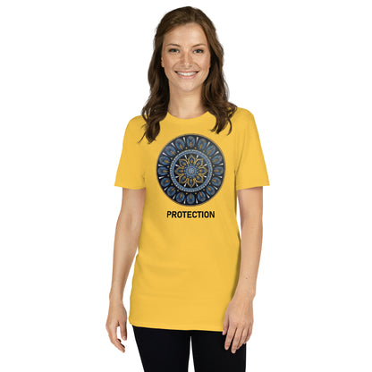 Unisex Softstyle T-Shirt (mandala with gold outer rim | on front | PROTECTION in black lettering)